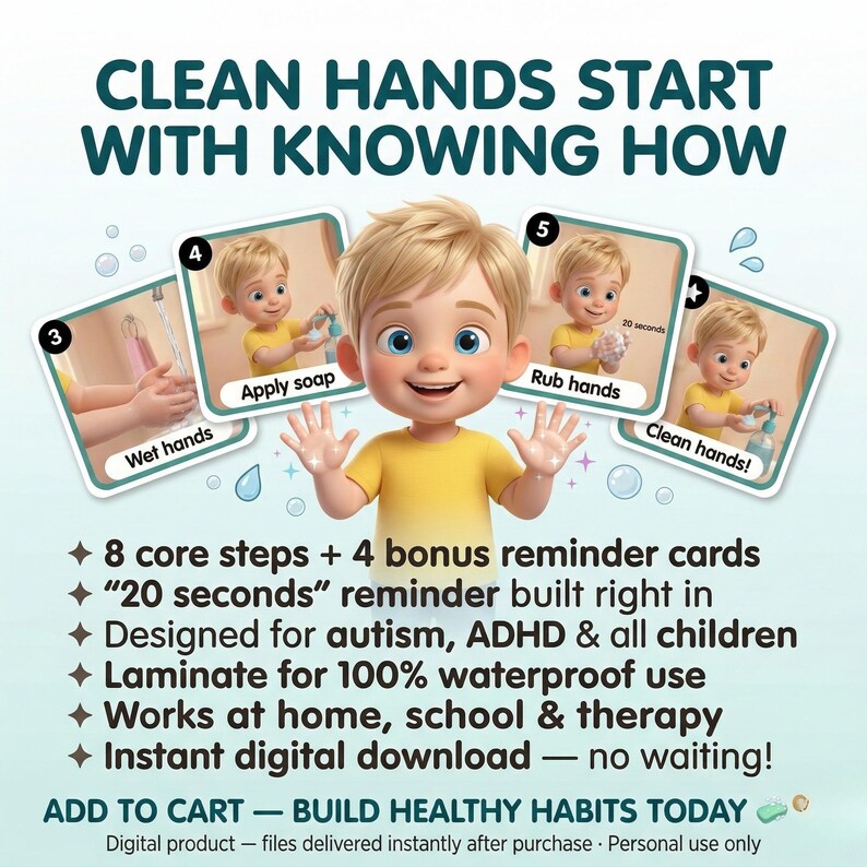 Wash Hands Visual Steps Boys Autism Printable Hygiene Routine Digital ...