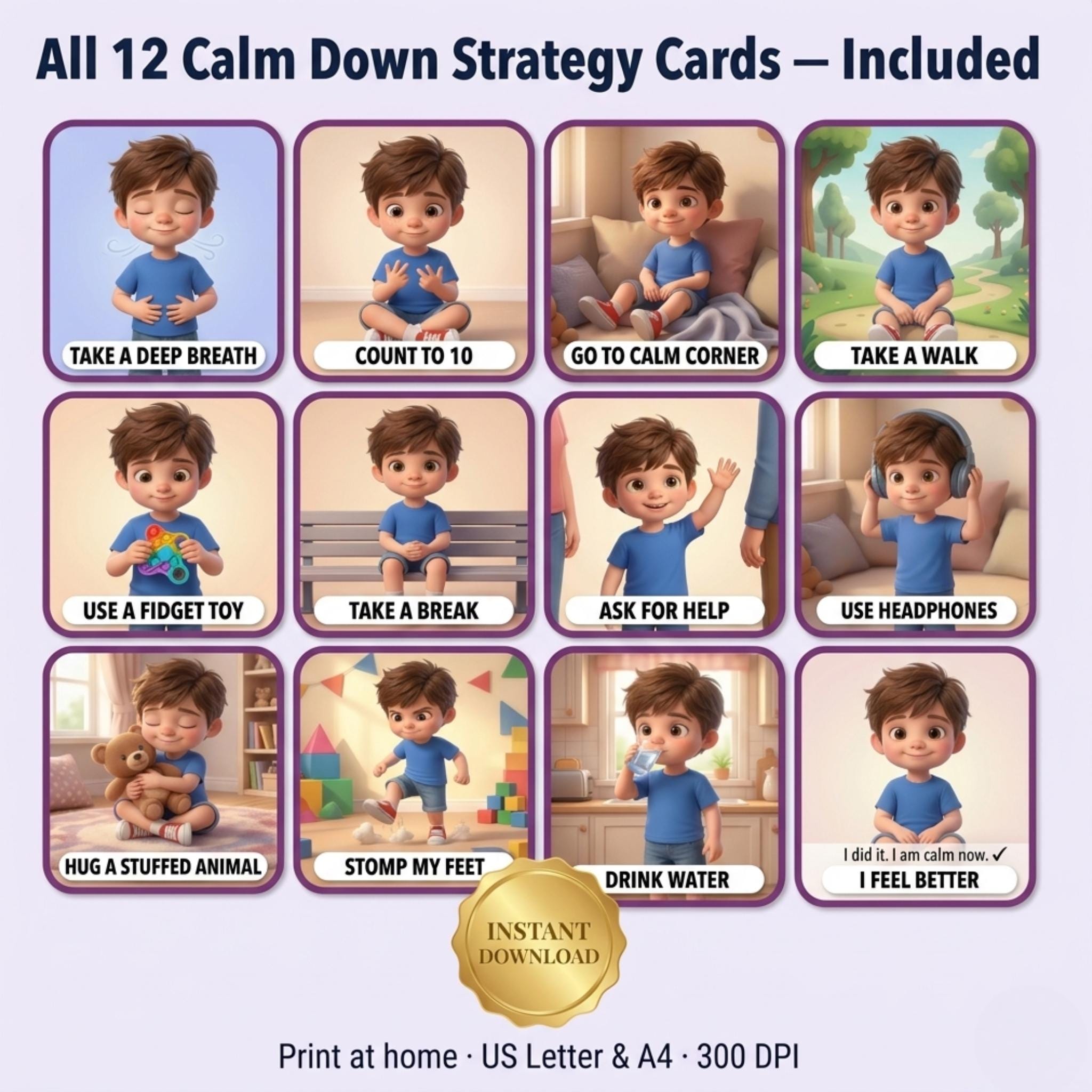 Calm Down Corner Cards Boys | Printable Visual Regulation Cards AUTISM ...