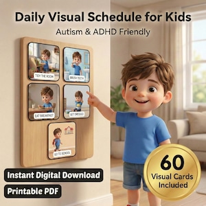 Puede incluir: Un tablero de horario visual de madera para niños con tarjetas ilustradas. El tablero incluye tarjetas para actividades diarias como "Tidy the Room", "Brush Teeth" y "Go to School". El texto dice "Daily Visual Schedule for Kids" y "Autism & ADHD Friendly."