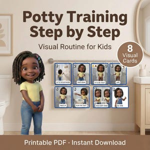 May include: A cartoon illustration of a child in a yellow shirt and blue jeans, with a set of eight visual cards for potty training. The cards show steps like "Go to the bathroom" and "All done."