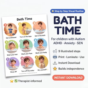 以下が含まれることがあります： Bath Timeと題された視覚的なルーチンチャート。服を脱ぐ、髪を洗う、体を拭くなどのタスクを行う子供のイラストが9つの番号付きステップで描かれています。テキストにはBath Time for children with Autism, ADHD, Anxiety, SENと記載されています。