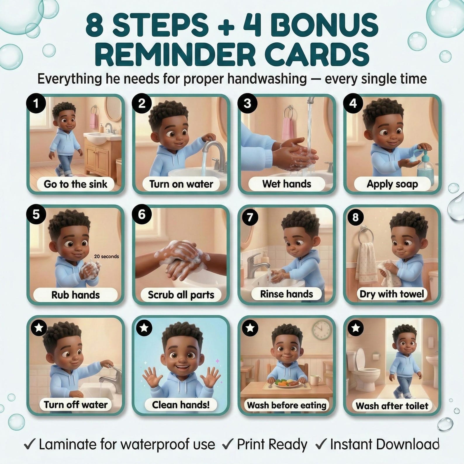 Wash Hands Visual Steps Boys Autism Printable Hygiene Routine Digital ...