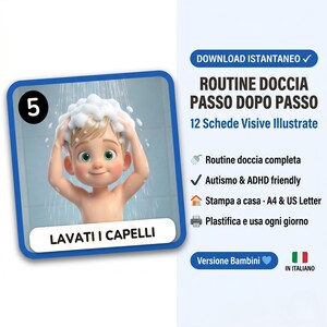 Può includere: Una scheda illustrata con un bambino dei cartoni animati che si lava i capelli sotto la doccia. La scheda contiene testo in italiano, tra cui "Routine Doccia Passo Dopo Passo" e "Lavati I Capelli". La scheda è progettata per bambini.