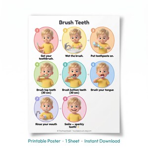May include: A white poster with the title "Brush Teeth" and illustrated steps for brushing teeth. Each step features a cartoon child demonstrating the action, including getting the toothbrush, wetting it, applying toothpaste, brushing top and bottom teeth for 30 seconds each, brushing the tongue, rinsing the mouth, and smiling.