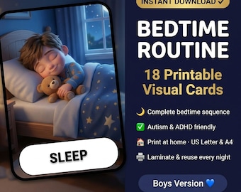 Bedtime Routine Cards Boys Brown Hair | 18 Printable Visual Cards AUTISM ADHD