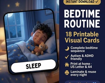Boys Bedtime Routine Cards | 18 Printable Visual Steps Autism ADHD Sleep
