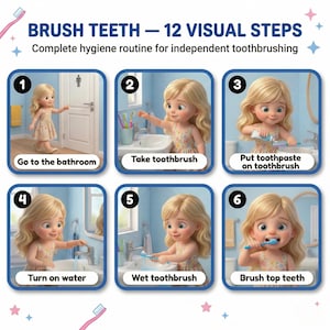 Peut inclure: Guide illustré en 6 étapes pour se brosser les dents. Les étapes incluent aller à la salle de bain, prendre une brosse à dents, mettre du dentifrice sur la brosse, ouvrir l'eau, mouiller la brosse et se brosser les dents du haut. Le texte dit "BRUSH TEETH - 12 VISUAL STEPS".