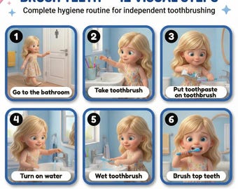 Brush Teeth Visual Steps Girls Autism Printable Morning Routine Digital Download