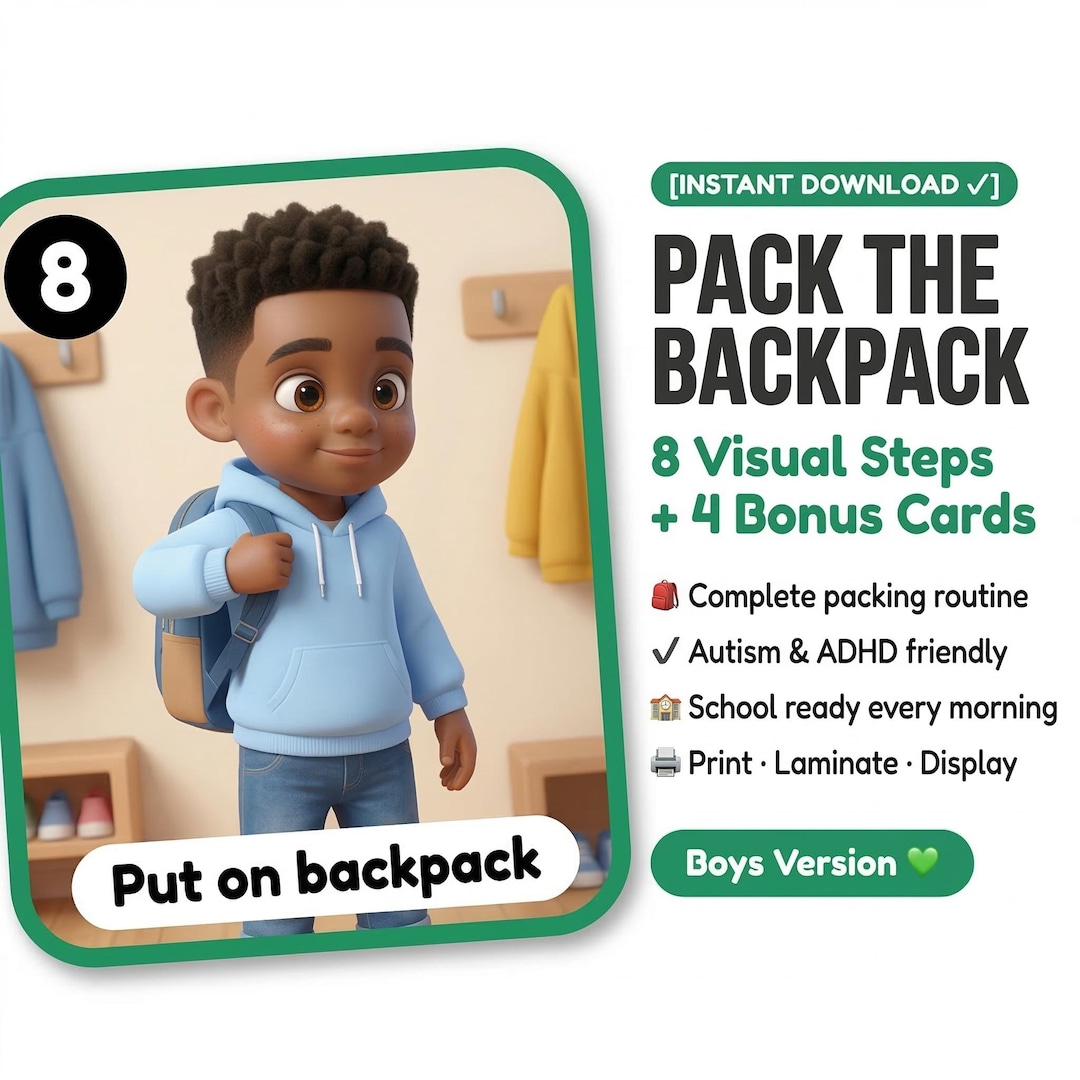 Pack the Backpack Visual Steps Black Boy Autism School Routine ...
