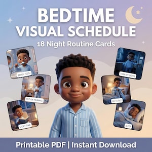May include: A bedtime visual schedule with 18 night routine cards. The image features a cartoon boy in pajamas, surrounded by cards illustrating bedtime activities like brushing teeth, putting on pajamas, and going to bed. The text reads "Printable PDF | Instant Download."