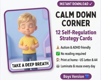Calm Down Corner Cards Blonde Boy | Printable Visual Regulation Cards AUTISM ADHD