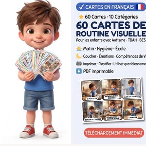 Puede incluir: Un conjunto digital de 60 tarjetas de rutina visual para niños, con un personaje de dibujos animados sosteniendo un abanico de tarjetas. El texto incluye 60 CARTES DE ROUTINE VISUELLE, 10 Catégories y enumera tareas diarias como Matin, Hygiène, École, Coucher, Émotions y Compétences de Vie.