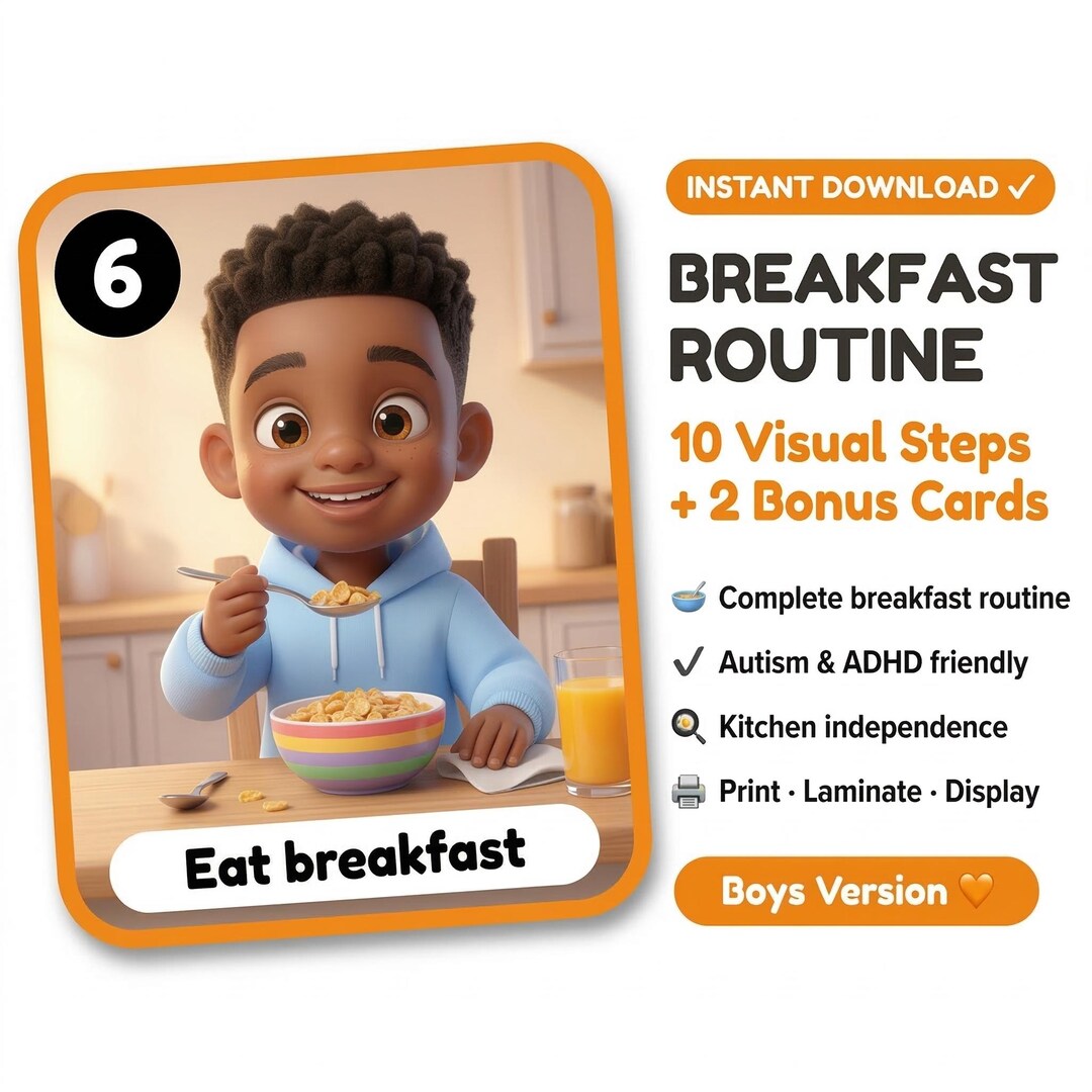 Breakfast Routine Visual Steps Black Boy Autism Morning Routine ...