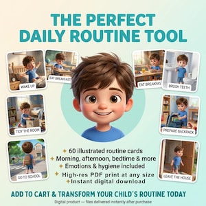 May include: A digital daily routine tool featuring a central cartoon boy and seven smaller illustrated cards showing tasks like wake up, eat breakfast, brush teeth, tidy the room, prepare backpack, go to school, and leave the house with text.