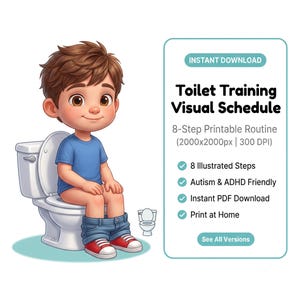 Puede incluir: Un gráfico digital con un niño de dibujos animados sentado en un inodoro blanco, acompañado de texto: Toilet Training Visual Schedule, 8-Step Printable Routine, 2000x2000px, 300 DPI, Instant Download, 8 Illustrated Steps, Autism & ADHD Friendly.