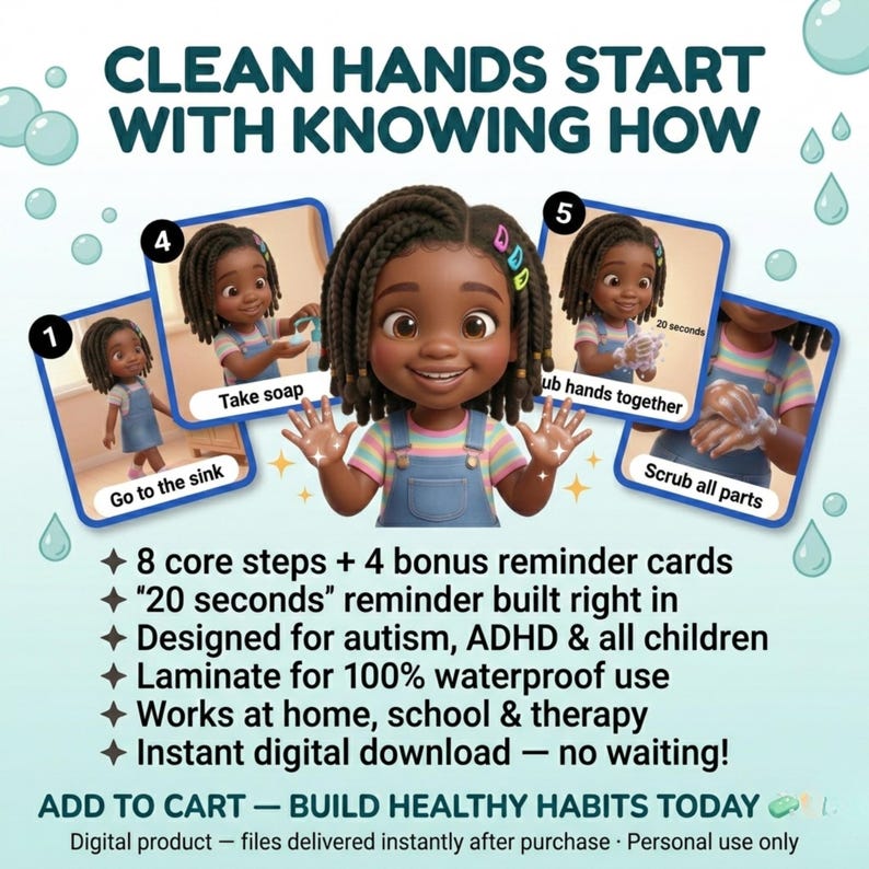 Wash Hands Visual Steps Kids Autism Printable Hygiene Routine Digital ...