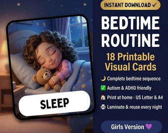 Bedtime Routine Cards for Girls | Autism ADHD Visual Sequence (Printable Download)
