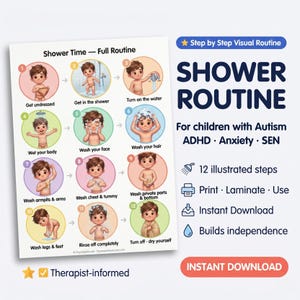 Puede incluir: Un gráfico visual titulado Shower Time — Full Routine que presenta 12 pasos numerados con ilustraciones de un niño realizando tareas de higiene. El texto incluye Shower Routine for children with Autism, ADHD, Anxiety, SEN y 12 illustrated steps.