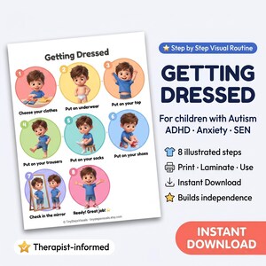 May include: A visual routine chart titled Getting Dressed featuring eight numbered circular illustrations of a child performing dressing tasks. The text includes Getting Dressed, For children with Autism ADHD Anxiety SEN, 8 illustrated steps, Print Laminate Use, Instant Download, Builds independence, and Therapist-informed.