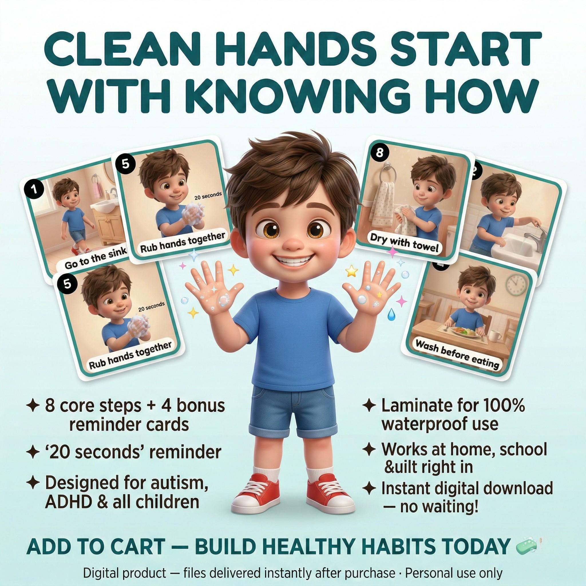 Wash Hands Visual Steps Boys Autism Printable Hygiene Routine Digital ...
