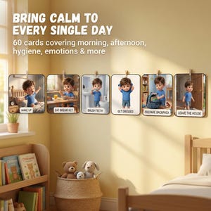May include: A set of 60 cards featuring illustrations of a child performing daily routines. The cards display text including BRING CALM TO EVERY SINGLE DAY, WAKE UP, EAT BREAKFAST, BRUSH TEETH, GET DRESSED, PREPARE BACKPACK, and LEAVE THE HOUSE.