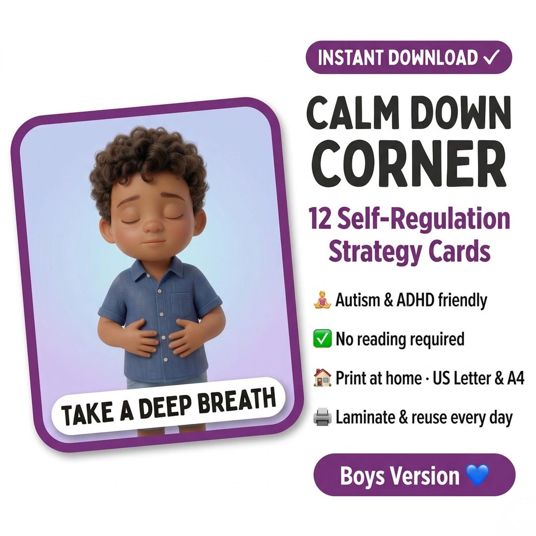 Calm Down Corner Cards Boys | Printable Visual Regulation Cards AUTISM ...