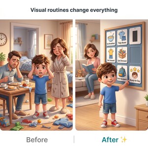 May include: A split-screen illustration titled Visual routines change everything. The left side shows a chaotic morning with a stressed family. The right side shows a calm morning with a child using a blue visual schedule board with icons.