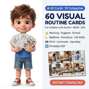 May include: A set of 60 visual routine cards for children with Autism, ADHD, and SEN. The cards feature 10 categories including morning, hygiene, school, bedtime, emotions, and life skills. This printable PDF set includes instructions to print, laminate, and use daily.