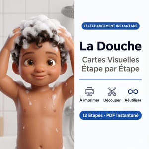 Puede incluir: Ilustración de dibujos animados de un niño con piel morena y cabello rizado, cubierto de espuma de jabón, lavándose el cabello en la ducha. Incluye el texto "La Douche" y "Descarga instantánea".
