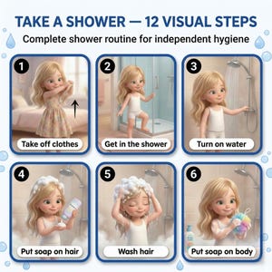 May include: A visual guide titled "TAKE A SHOWER - 12 VISUAL STEPS" shows a complete shower routine. The steps include taking off clothes, getting in the shower, turning on the water, putting soap on hair and body, and washing hair and body.