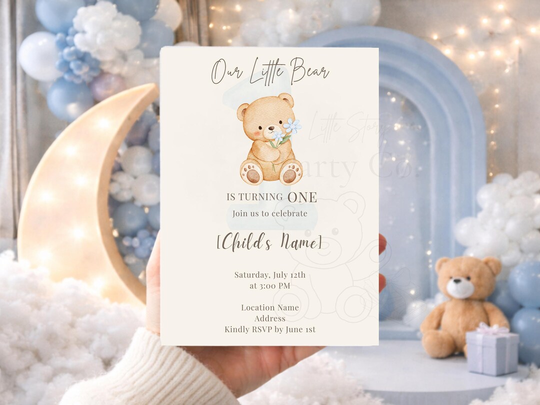 Our Little Bear First Birthday Invitation | Dusty Blue Boy Party Invite ...
