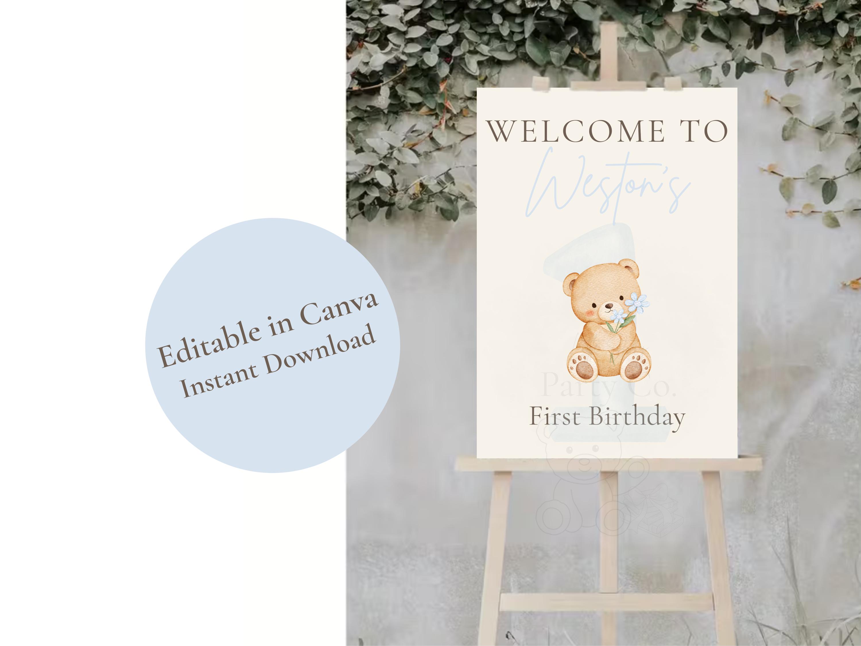 Editable Dusty Blue Teddy Bear First Birthday Welcome Sign Template ...