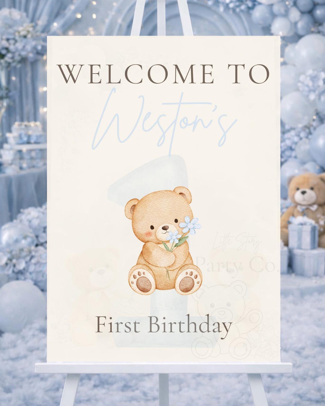 Teddy Bear Welcome Sign Template, Boy First Birthday Party Sign, Blue ...