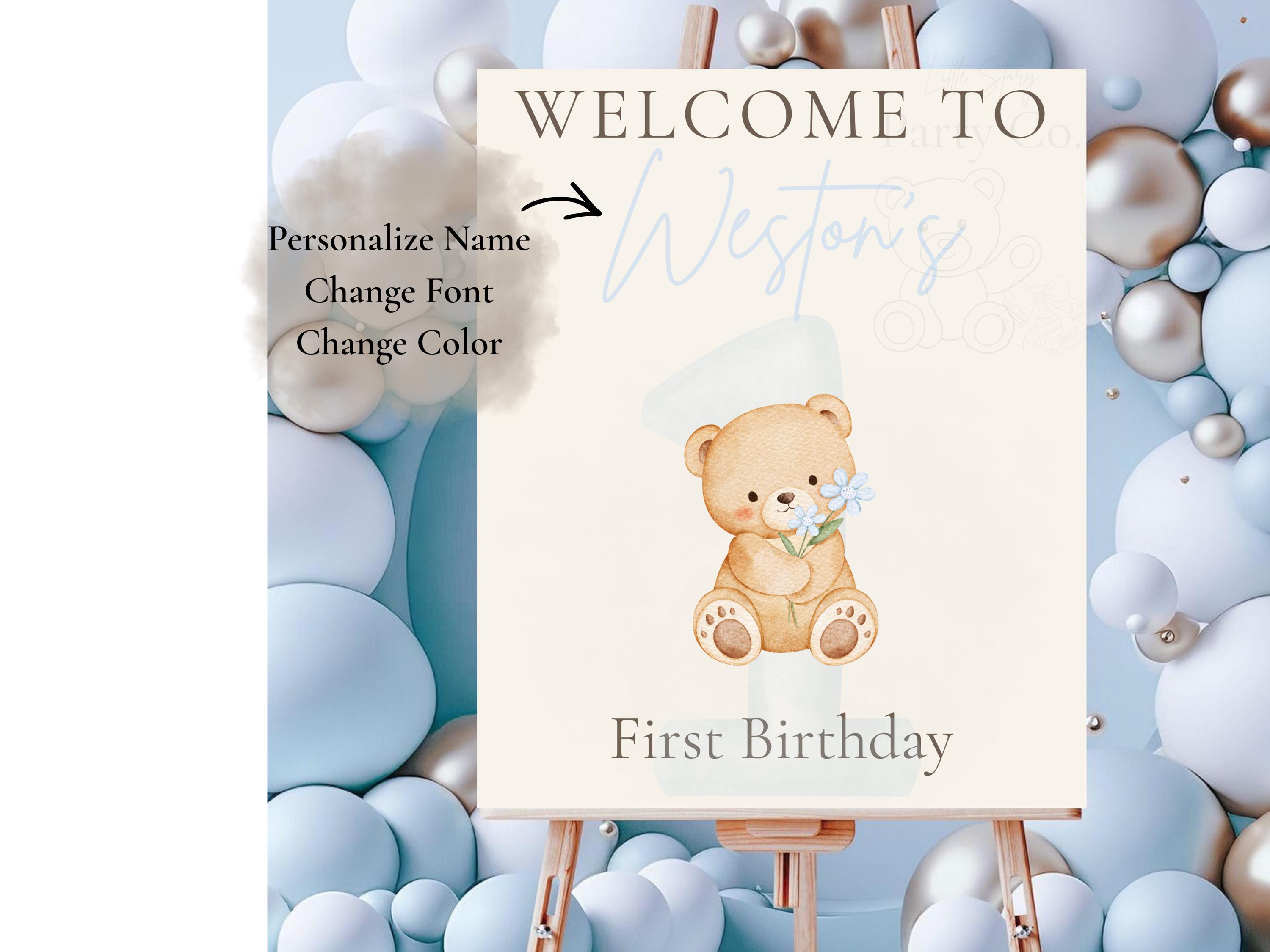 Editable Dusty Blue Teddy Bear First Birthday Welcome Sign Template ...