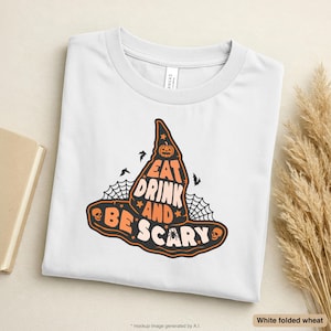May include: A white crew neck t-shirt featuring a graphic of a witch hat in orange and black. The hat contains the text "EAT DRINK AND BE SCARY" with illustrations of a pumpkin, spider webs, bats, skulls, and a spider surrounding the lettering.