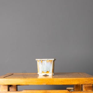 May include: A square ceramic bonsai pot featuring a reactive glaze with blended tones of cream, light blue, and amber. The pot has a flared rim, vertical side panels, and small feet at the base, showcasing a glossy finish and distinct colour transitions.