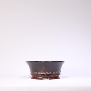 Peut inclure: Un pot à bonsaï en céramique brun foncé avec une bande décorative de petits cercles liés. Le pot a une forme large et peu profonde avec un bord évasé et une base brun rougeâtre. Conçu pour la culture de petits arbres.