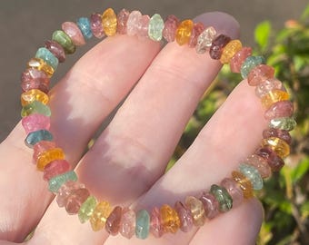 Multi Turmalin Splitter Armband 6.9 mm | Rosa Grün Blau Wassermelone Turmalin Kristall Stretch Armband Regenbogen Edelstein Schmuck 6,5 ”