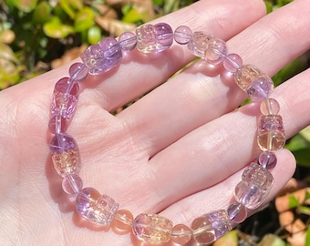 Hohe Klarheit Ametrin Pixiu Armband, geschnitzter Kristall Reichtum Feng Shui Schmuck, 8 mm Transparent Armband Amethyst Citrin Reichtum Armband 17,8 cm