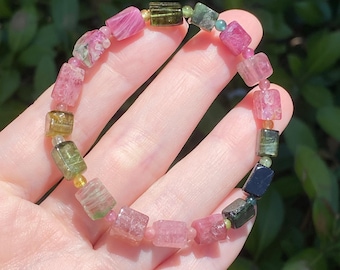Multi Turmalin Armband • Wassermelone Stil rosa grün Naturstein Schmuck • Stapeln Armband • Naturstein • 17,8 cm Stretch elastisch