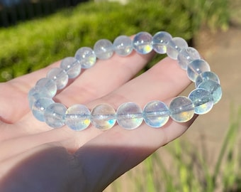 Natürliches Aquamarin Armband 8,1 mm blauer Aquamarin Kristall Armband Regenbogen Einschlüsse Edelstein Armband März Geburtsstein Geschenk 16,5-16,75 ”