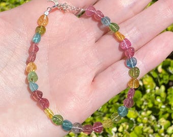 Natural Multi Color Tourmaline Bracelet S925 Sterling Silver Adjustable | Rainbow Tourmaline Coin Beads | Delicate Gemstone Moon Charm 5.3mm