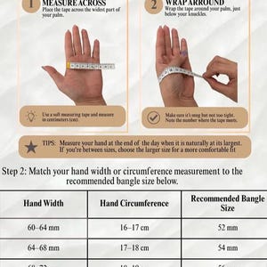 May include: A Bangle Size Guide infographic featuring two instructional steps for measuring hand width and circumference with a tape measure. It includes a table matching hand measurements in millimeters and centimeters to recommended bangle sizes in millimeters.