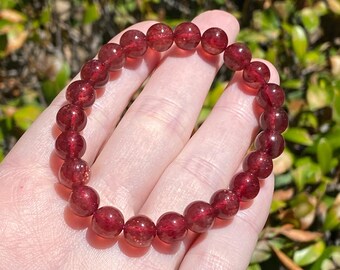 Natural Strawberry Quartz Bracelet 8.3mm | Red Strawberry Quartz Crystal Bracelet | Sparkling Quartz Jewelry Gemstone Stretch Bracelet 6.5”