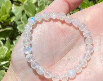 Natürliches Regenbogen Mondstein Armband | Blaue Blitz-Edelstein-Perlen | Juni Geburtsstein Stretch Armband 7.2 mm