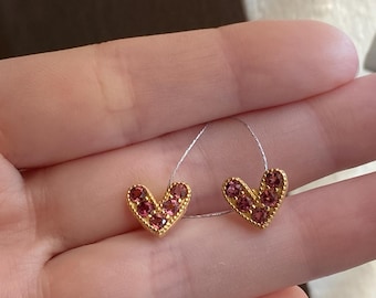 Pink Tourmaline Heart Earrings | S925 Gold Plated Sterling Silver | Romantic Gemstone Studs | Crystal Small Earrings | Birthday Gift