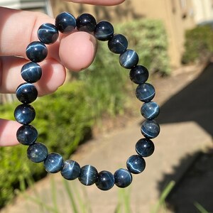 Natural Blue Tiger Eye Bracelet 8mm | Cat Eye Tiger Eye Crystal Bracelet | Dark Blue Gemstone Bracelet | Small Wrist 6.5” Stacking Bracelet image 2