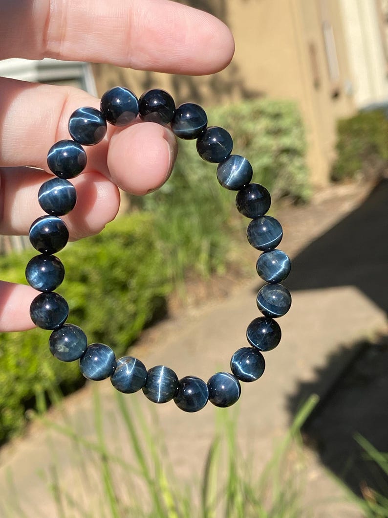 Natural Blue Tiger Eye Bracelet 8mm | Cat Eye Tiger Eye Crystal Bracelet | Dark Blue Gemstone Bracelet | Small Wrist 6.5” Stacking Bracelet image 2