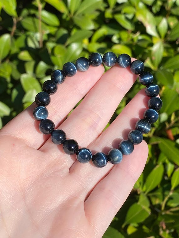 Natural Blue Tiger Eye Bracelet 8mm | Cat Eye Tiger Eye Crystal Bracelet | Dark Blue Gemstone Bracelet | Small Wrist 6.5” Stacking Bracelet