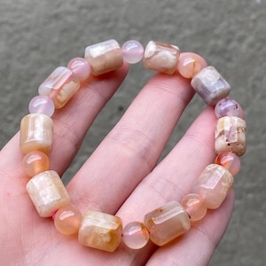 Flower Agate Bracelet | Pink Flower Agate Barrel Beads | Cherry Blossom Agate Crystal Bracelet | 7 Inch Stretch Bracelet | Natural Gemstone